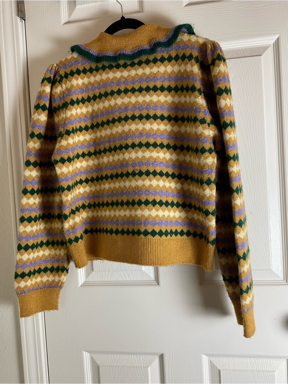 MANGO Arlequin Geometric Pattern Ruffle Detail Polo Sweater size Xl - Picture 9 of 12